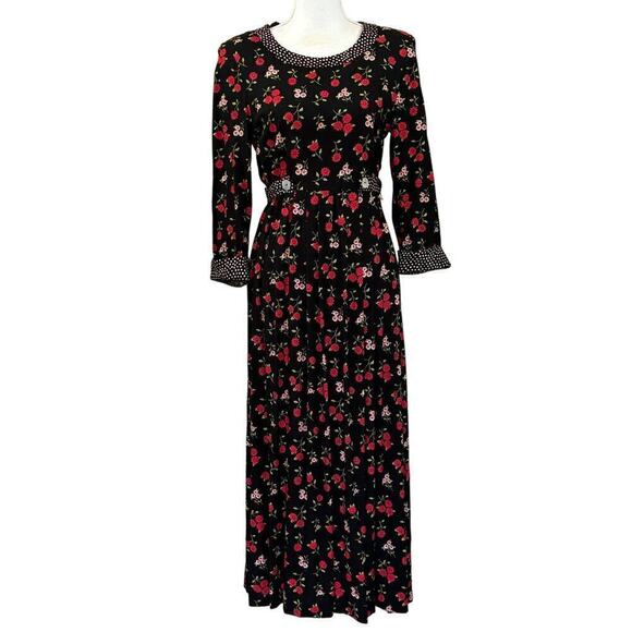 S. L. Fashions Dresses & Skirts - S. L. Fashions red/black floral/dot maxidress, vintage, 10, cottagecore, prairie